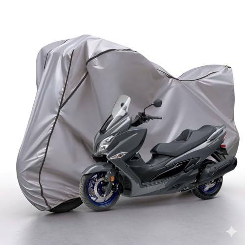 Image of Waterproof Bike Body Cover Compatible with Suzuki Burgman Dustproof Scratchproof - Motorcycle Cover for Two Wheeler, Outdoor Full Cover with UV, Duty, Rain Protection (Silver & Black)