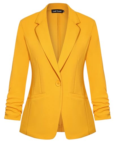 LADI TREND Veste Blazer Femme Décontractée à Manches 3/4 Froncées avec Un Bouton, Revers Encochés, Élégante, Travail, Formelle Classique, Y-jaune., M
