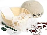 9 items Banneton Proofing Basket Set w/Artisan Bread Stencils, Cloth Liner Linen, Bowl Scraper for All Bakers/Sourdough Recipe, Brotform Rising Making Round Baked Crispy Dough Crust Boules Loaf Shape