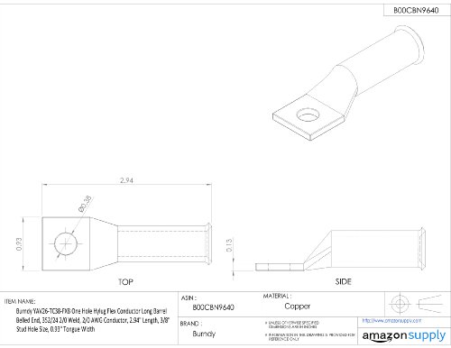 Burndy YAV26-TC38-FXB One Hole Hylug Flex Conductor Long Barrel Belled End, 352/24 2/0 Weld, 2/0 AWG Conductor, 2.94