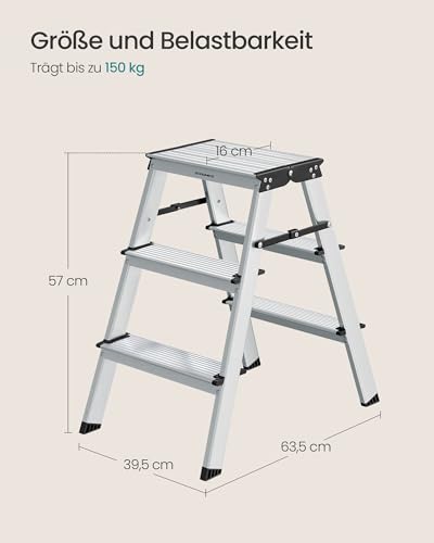 SONGMICS Leiter, Trittleiter, Aluleiter mit 3 rutschfesten Stufen, klappbar, Stehleiter, Mehrzweckleiter, bis 150 kg belastbar, Silbergrau-tintenschwarz GLT23K