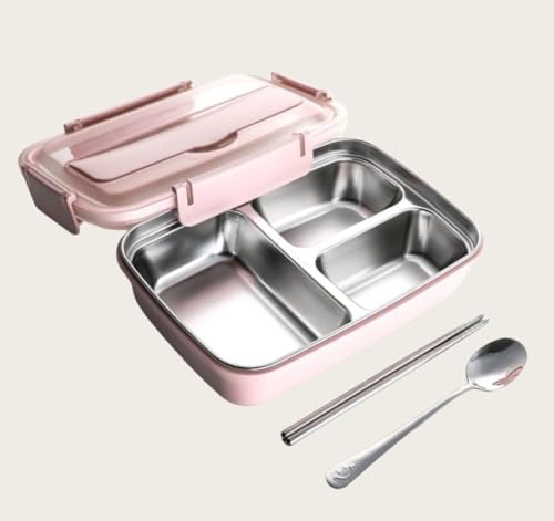 LumingLight構造の断熱ランチボックス、1200ml容量、こぼれ防止カトラリー付き、キャンプやアウトドア活動に最適、女の子、学生、男の子、女の子に最適、断熱ボックス、電子レンジ対応、麺類やパスタに最適、箸付き (ピンク粉,3グリッド) [並行輸入品