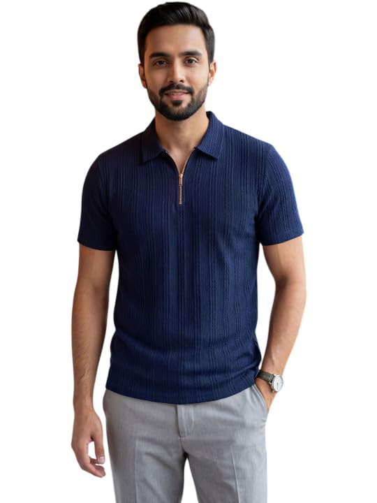 Men's Ribbed Knit Polo T-Shirt with Quarter Zip, Short Sleeve, Casual Wear, and Comfortable Tshirt for Men-picture-56