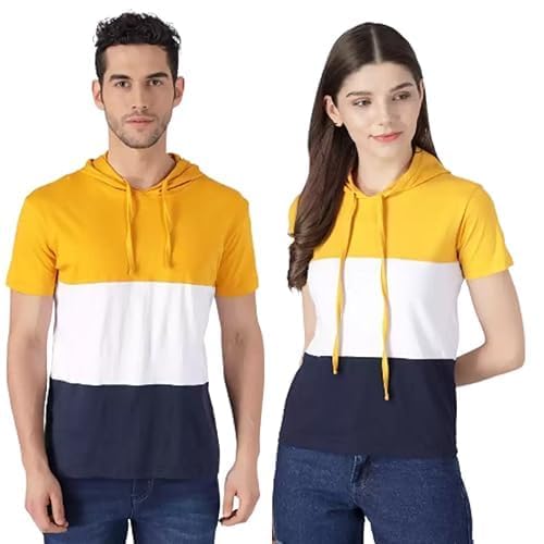 selvike Couple Men & Women Colorblock Hooded Neck Cotton Blend Mustard, White, Navy T-Shirt(M)-picture-44