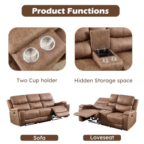 Image of CANMOV Manual Reclining Loveseat with Console,Faux Leather Double Recliner Loveseat Sofa with Hidden Storage and Cup Holders,Manual Recliner Loveseat Couch Set for Living Room,Nut Brown