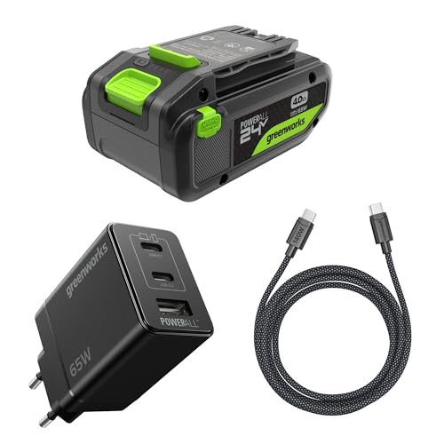 Greenworks 24V 4Ah Batterie High Power USB-C & Chargeur USB-C 65 W & Câble Kit, Compatible avec Tous Les Outils Greenworks 200+ de la Série 24 V, Garantie 2 Ans - K2S4BEA