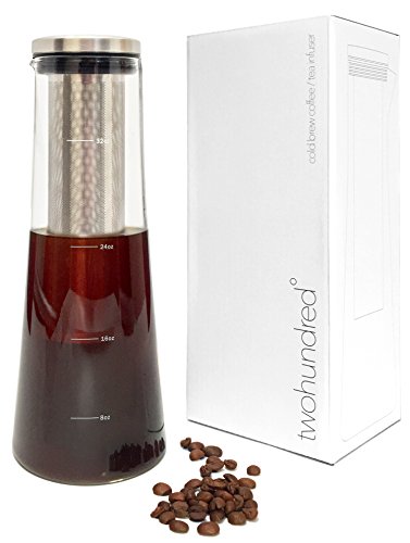 Cold Brew Coffee Maker Pitcher - Near Airtight Seal - Iced Coffee Maker by twohundred?. 32oz / 1 Liter Glass Carafe with Permanent Reusable Filter. Cold-Brew Coffee Maker with Bonus Recipe eBook