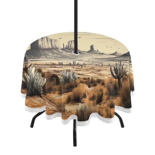 Wajiw 60 Inch Indoor Outdoor Round Tablecloth with Umbrella Hole and Zipper Waterproof Patio Table Cover for Camping Dining Room Party Outdoor Picnic,Cactus