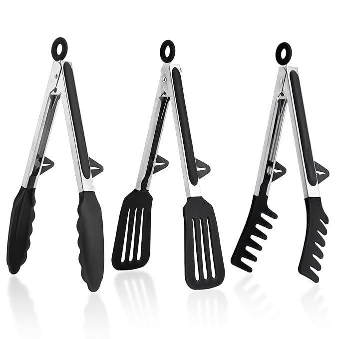- 3 Pack Silicone Kitchen Cooking Tongs Set, Stainless Steel Nonstick Food Tong with BPA Free Silicone Tips for Serving Pasta Spaghetti Steak Pie Pizza Salad Vegetable Fruit Grilling BBQ (BLACK)