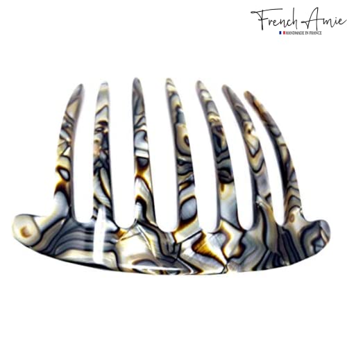 French Amie 7 Teeth Handmade Celluloid Side Hair Comb Flexible Durable Hair Combs Strong Hold Hair Clips For Women No Slip Styling Girls Paris Hair Accessories, Made In France (Silver Onyx Gray) #TOP3