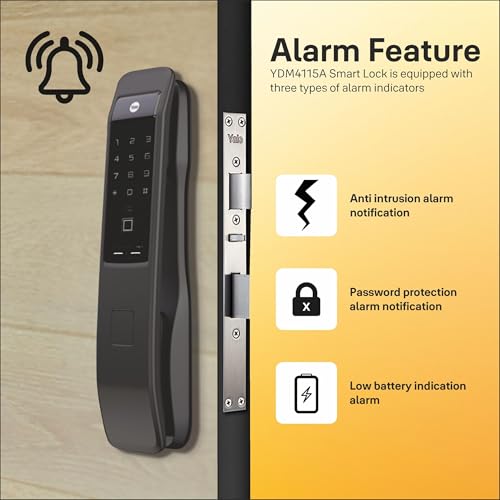 Image of Yale YMI 70 Pull Smart Digital Door Lock for Wooden Main Door Width 40mm to 100mm | Single Push Action | Biometric | PIN Code | RFID Card | Mechanical Key | 3 Year Warranty (Black)