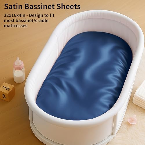 Image of Satin Bassinet Sheets Boy, Great for Baby Hair, Soft Silk Feeling Sheet for Bassinet Mattress & Pad, Gift for Newborn and Infant (Navy Blue)