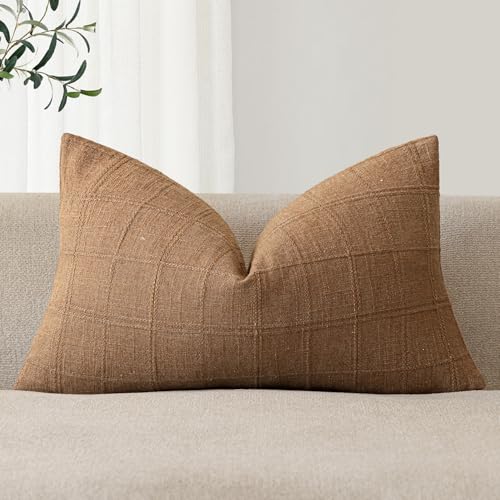 Image of Foindtower Set of 1 Decorative Linen Check Throw Pillow Cover Neutral Farmhouse Lumbar Cushion Cover Modern Boho Home Decor for Sofa Chair Couch Bedroom Living Room,12x20 Inch,Brick