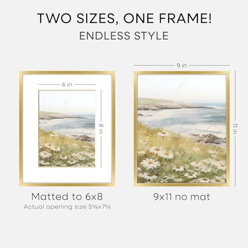Image of Homeforia 9x11 Gold Picture Frame, High-End Metal, 6x8 Mat, Glass | High End Aluminum, Tempered Glass, Acid-Free 6x8 Removable Mat, 9x11 in Edge-to-Edge Display 11x9, Wall Kit, Set Of 3
