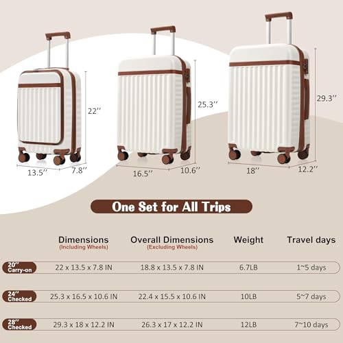 Image of Hardshell Luggage, Lightweight Suitcase with Spinner Wheels, WHITE BROWN+USB
