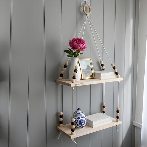 Image of 2Tier Hanging Shelf with Magic Hook, Use Decor Plants, Books, Decorative Gift Items Nursery Livingroom Wooden Beads & Ring Woven Bohemian Chic for Dorm
