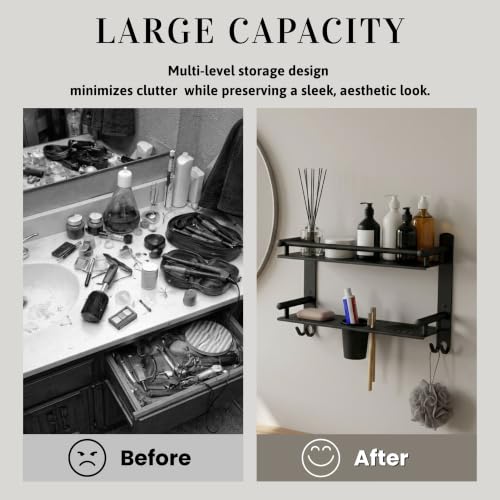 Image of GLOXY Premium Combo Pack of 2 Black Matte Finish Bathroom Shelf Rack - Wall Mount 4-in-1 Multipurpose Double Soap Stand with Toothpaste Holder and Hooks - Bathroom Fittings Accessories Set