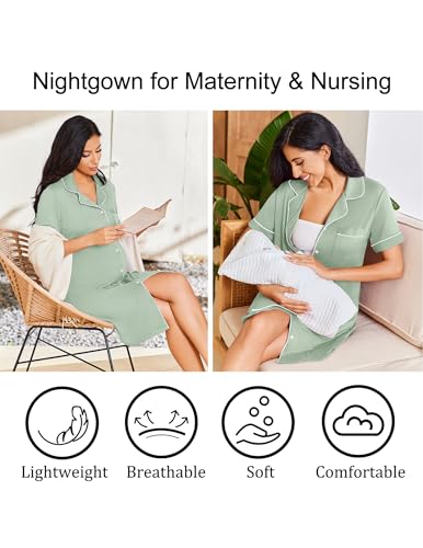 Image of Ekouaer Nightgowns for Women Bamboo Viscose Sleep Shirts Button Down Night Shirt Short Sleeve Boyfriend Pajama Dress
