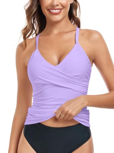 Image of RELELCIGA Women's Tankini Top V Neck Ruched Tummy Control Bathing Suit Top