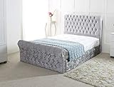 Comfy Deluxe LTD 4FT6 Double Bed base with Matching 52-Inch Chesterfield Headboard - Silver Crushed Velvet Sleigh Bed Frame with Deep Cushioned Upholstery & No Mattress Included - UK Made