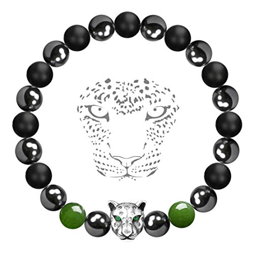 Karseer Antique Silver Panther Magnetic Hematite and Matte Onyx Natural Stones Beaded Stretch Bracelet Anti Anxiety Healing Energy Meditation Prayer Beads Bracelet for Stress and Depression Relief