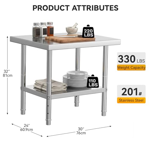 Image of DWVO 30x24in Stainless Steel Table with Adjustable Shelf | NSF Metal Prep Worktable for Kitchen Restaurant Hotel Garage Warehouse Home Commercial