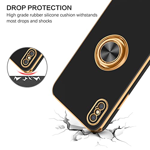 Bentoben Iphone Xs Case, Phone Case Iphone X, Slim Fit Sparkly Kickstand Ring Holder Design Shockproof Protection Soft Tpu Bumper Drop Protective Girls Women Boys Iphone Xs/X 5.8" Cover, Black/Golden #TOP2