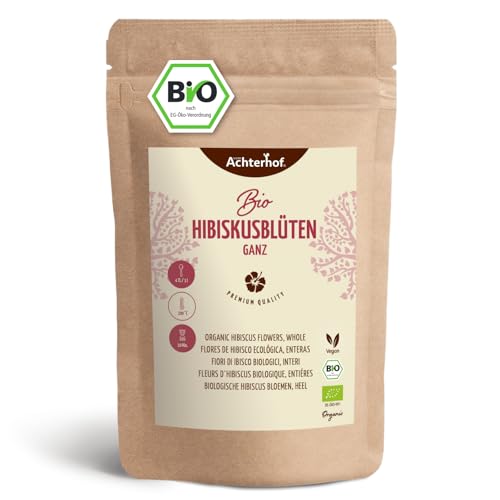 Hibiskusblüten Bio ganz getrocknet 1000g | leicht säuerlich-fruchtiger Geschmack | in Bio-Qualität | süß-aromatischer Hibiskustee | ideal für Salate, Desserts, Kuchen, Joguhrts | vom Achterhof