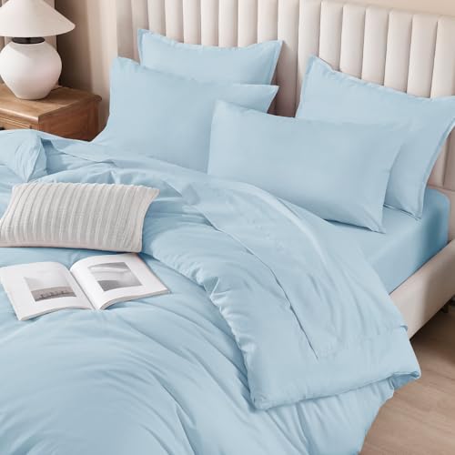 Litanika Comforter King Size Set Light Blue - 7 Pieces Bed in a Bag King Bedding Comforter Sets, Plain Lightweight Bed Set with Comforter, Sheets, Pillowcases & Shams
