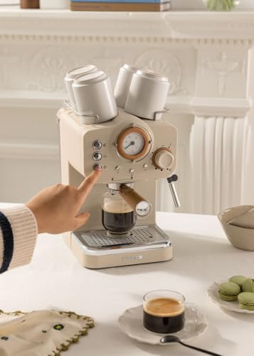 Miniatura 7 de CREATE / THERA RETRO/Cafetera Express Semiautomática arena mate y madera / 20 bares, brazo doble salida, depósito 1,25L, café molido y monodosis ESE 55mm, con vaporizador, 1100W