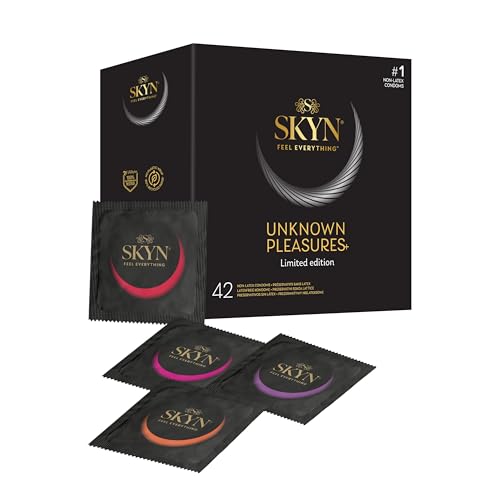 SKYN Unknown Pleasures (Pack of 42): Assortment of Smooth and Textured Surface Latex Free Condoms for Men SKYNFEEL Technology Lubricated 53mm Nominal Width
