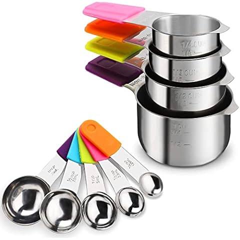 Rorence Magnetic Measuring Cups and Spoons Set: Stackable One-piece Stainless Steel Measuring Cups & Measuring Spoons Set of 9 with Silicone Handles Cover