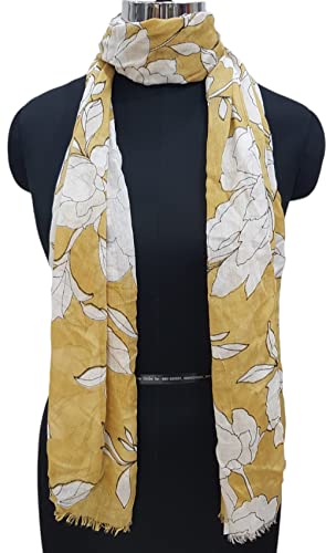 Elu Scarfs For Women Shawl Wrap - Lightweight In Silk Satin Chiffon Cotton Wool All Season Head/Neck Scarf Spring Summer Fall Winter Autumn Women's Fashion Scarves (Viscose Yellow White Leaf)… #TOP3