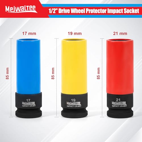 Meiwaltee 1/2" Jeu de douilles à chocs 10-32 MM | 19 pièces douille a choc avec Lot de 3 douilles de protection pour écrous de roue 17-19-21 MM pour jantes en aluminium | Cr-Mo | Longueur : 85 MM – vue 2
