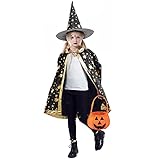 GugnRyAc Kinder Halloween Kostüm, Hexe Zauberer Umhang mit Hut, Kürbis Candy Bag, Wizard Cape Witch Mantel mit Requisiten für Jungen Mädchen Cosplay Party (Schwarz)