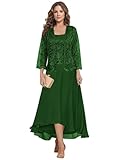 MAGGCIF Emerald Green Mother of The Groom Dress with Jacket 2 Pieces Long Sleeve Chiffon Lace Sequin A Line Evening Formal Dresses Size 16