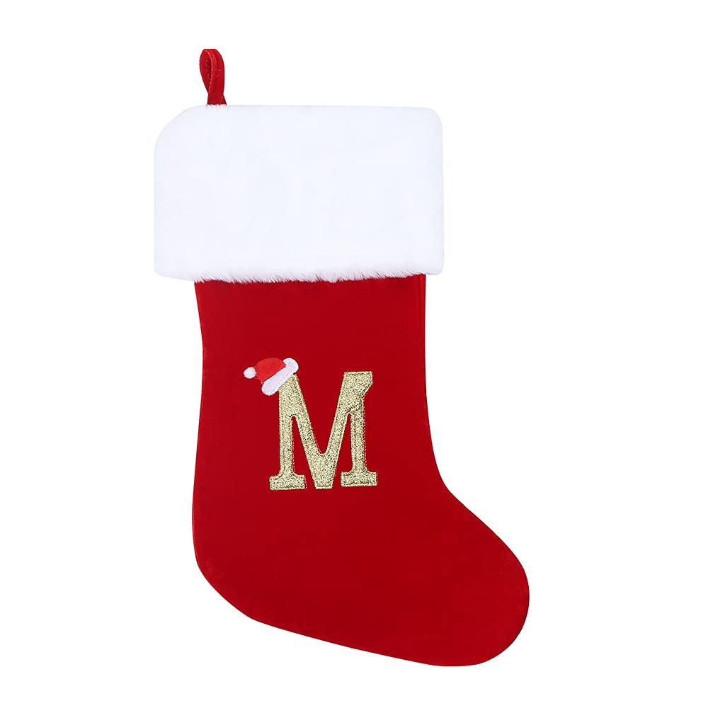 CHRLRewa 20 Inches Initial Monogram Embroidered Christmas Stocking Red Velvet with White Super Soft Plush Cuffs Christmas Decorations Stocking C12-M