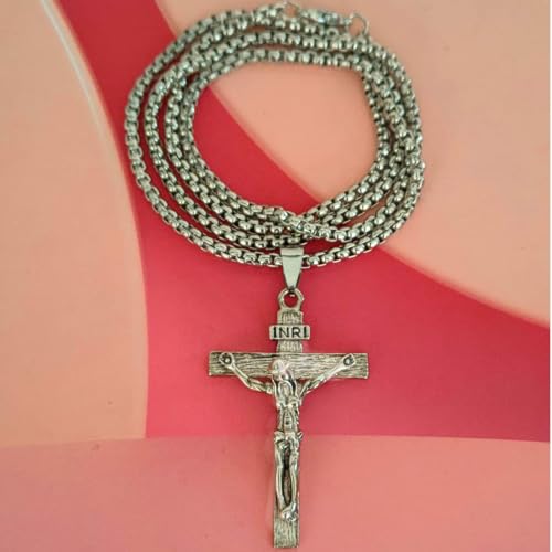 Image of M Men Style Religious Lord Jesus Christ Cross Silver Stainless Steel Pendant Necklace Chain for Men and Women