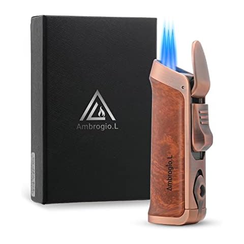 Ambrogio.L Triple Cigar Jet Torch Lighter,with Built-in Cigar Punch,Visible Gas Window,Refillable Gas,Adjustable Flame Intensity,#1 Yellow Peach Grain Cover