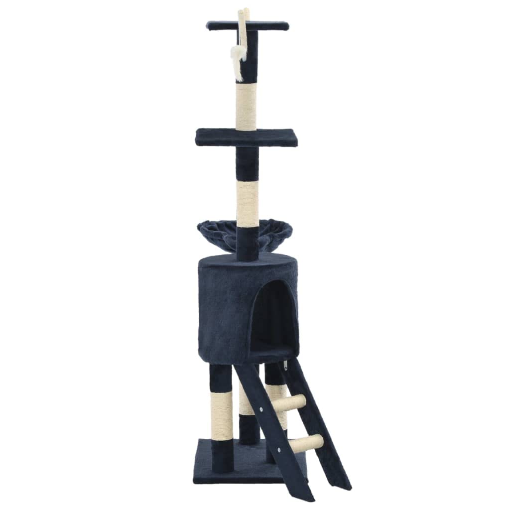 Katzen-Kratzbaum 138 cm Dunkelblau mit Sisal-Säulen | Stabiler Kletterbaum fürs Wohnzimmer mitAussichtsplattform, kuscheligem Unterschlupf und 3 Spielmäusen.
