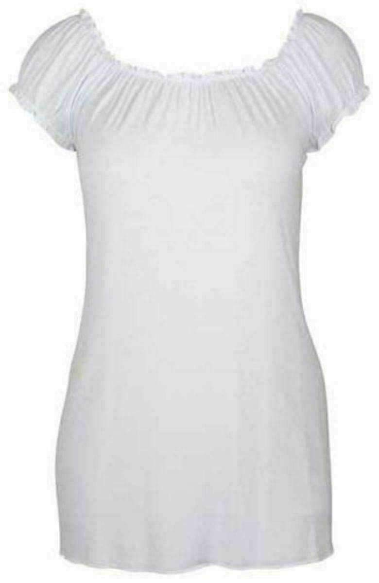FAIRY BOUTIQUE Ladies Off Shoulder Gathered T Shirt Tops Womens Gypsy Boho Ruched Elasticated Stretch Top White