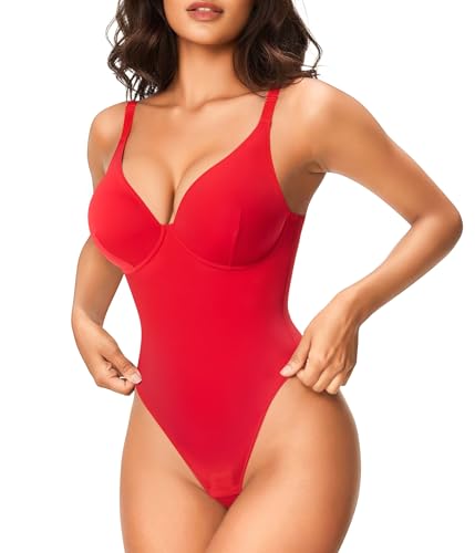 Nebility Shapewear Bodysuits for Women Tummy Control Body Shaper Deep V Neck Thong Body Suits (Red Large)