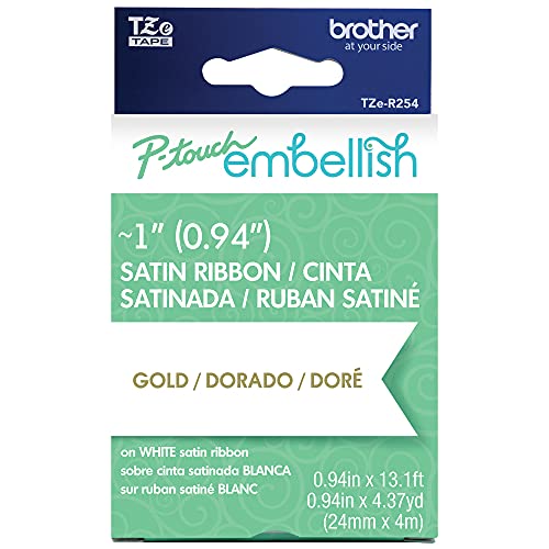 Image of Brother P-Touch Embellish Gold Print on White Satin Ribbon TZE-R254 - ~1 inch Wide x 13.1' Long (24mm x 4m /4.37yds), TZER254