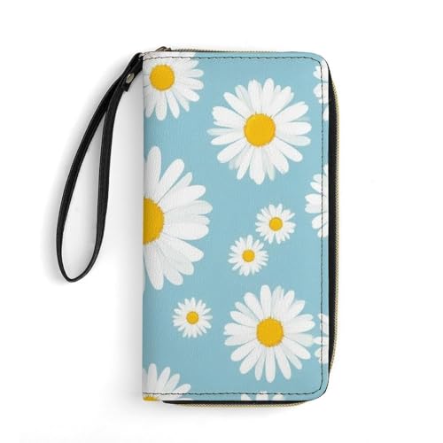Women's Cute Decor Long PU Zipper Wallet, Travel Purse Fashion Design, Huge Storage Capacity Purse With Rope Sky Blue Daisy Flowers