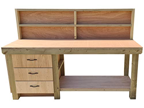 Wooden Workbench Eucalyptus Hardwood Top with 3x Drawer Tool Cabinet - Storage Shelf and Back Panel (5ft)