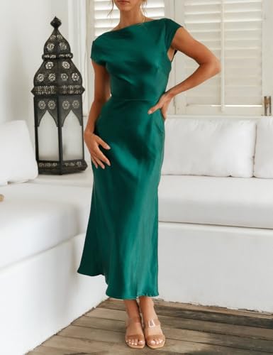 Gmeitoey Women'S Summer Satin Elegance Backless Twist Cap Sleeves Midi Dress 2023 Sexy Cowl Neck Slit Cocktail Wedding Guest Dresses Dark Green thumb #3