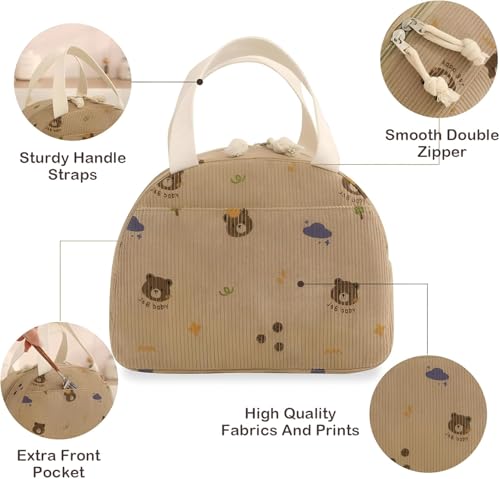 Image of SVH Reusable Insulated Lunch Tote for Women & Kids | Corduroy Large Lunch Bag with Front Storage Pocket, Durable Handles & Smooth Zipper for Office & School (Corduroy Bear Brown)