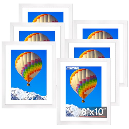 FIXSMITH 8x10 Picture Frame Set of 6 White Photo Frames Bulk with HD Plexiglass Display Pictures 5x7 with Mat or 8x10 Without Mat Multi Picture Frames Collage for Tabletop or Wall Display