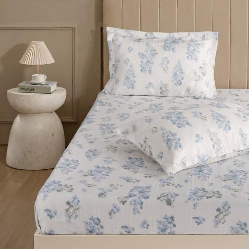 Image of Home Elegance from House of Mytrident | Linen Feel Bed Sheet for Double Bed King Size with Two Pillow Covers | Ultrasoft | Floral 274cm x 250cm | myTrident - Nest Sky Blue