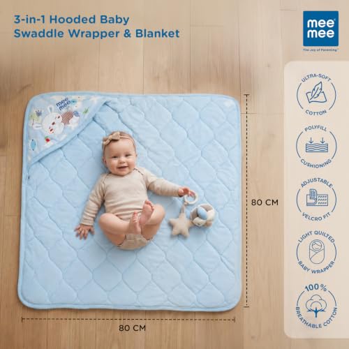 Image of Mee Mee 100% Soft Cotton Hooded Baby Wrapper Cum Warmer, Blanket with Hood for Newborn Baby 0 to 6 Months (Blue & Bunny Print)